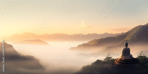 Buddha statue on the mountain with mist and sunrise background.