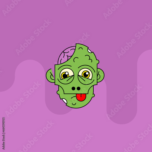 Cartoon funny green zombie character design with scary face expression. Halloween vector illustration. Party poster design, holiday decorationor mask illustration of a cute green zombie monster face. (ID: 664598935)