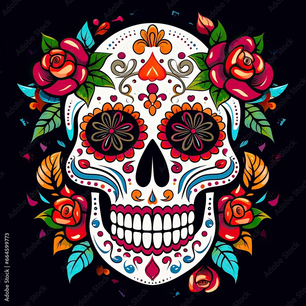 Mexican roses skull. Mexican roses skull. Dia de los muertos shugar colorful head. Mexican roses skull. Mexican roses skull. Dia de los muertos shugar colorful head.
