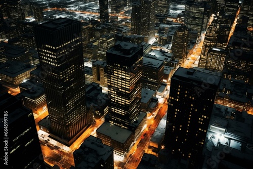 Bird s-eye view of snowy cityscape glowing in darkness. Generative AI