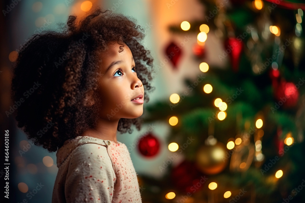 Happy african american child decorates a christmas tree