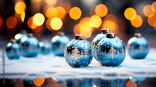Christmas balls with snowflakes and baubles on snow with bokeh lights in the background. 3D rendering. Generative AI technology.