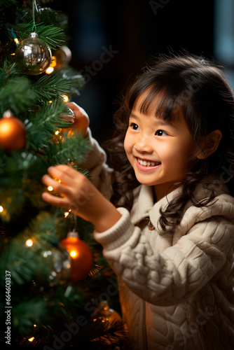happy korean girl decorates christmas tree