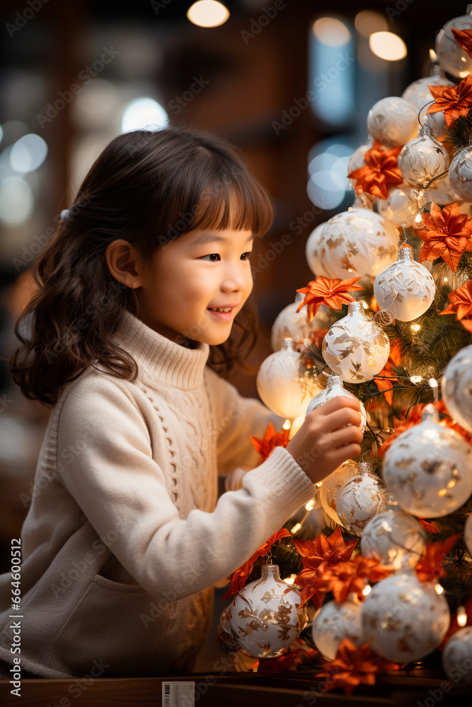 Naklejka premium happy korean girl decorates christmas tree