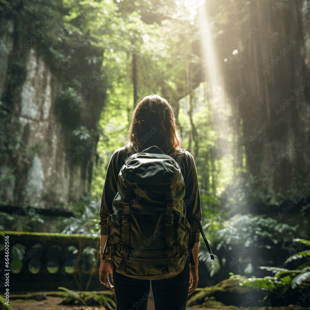 Young woman hiker with backpack walking in the forest. Travel and adventure concept.