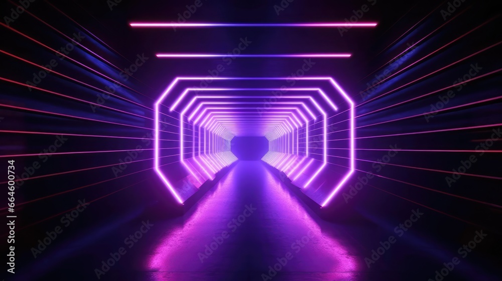 Fototapeta premium 3d render Geometric figure in neon light against a dark tunnel Laser glow