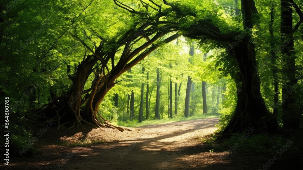 Fototapeta premium Natural archway shaped by branches in the forest 
