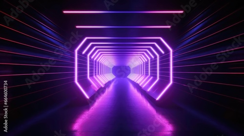 Fototapeta Naklejka Na Ścianę i Meble -  3d render Geometric figure in neon light against a dark tunnel Laser glow 