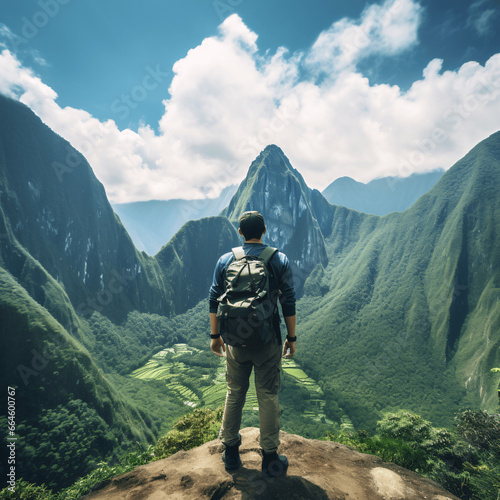 Asian man with backpack standing on the edge of the cliff and looking at the valley.