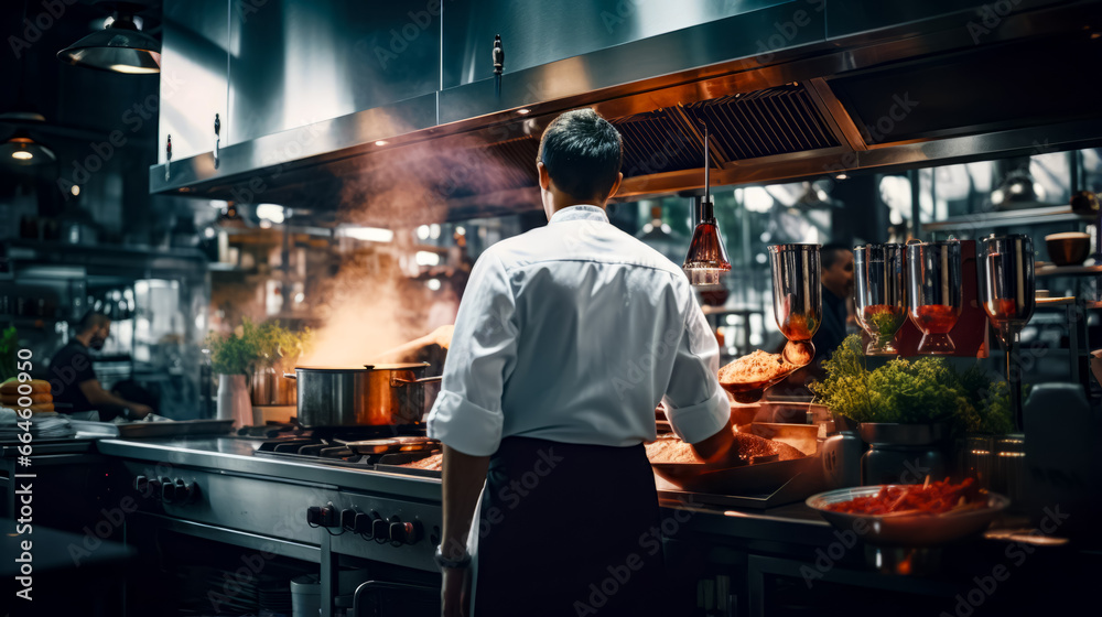 Fototapeta premium Chef preparing food in kitchen with steam coming out of the oven.