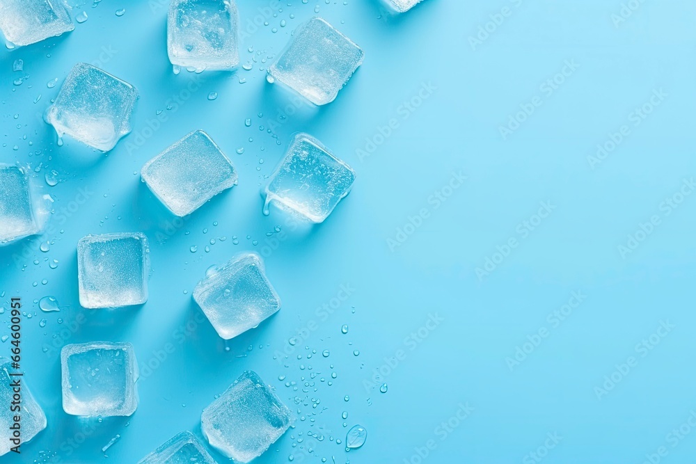 Cubes of ice and drops are isolated on the blue background with empty space. Cubes of ice and drops are isolated on the blue background with empty space.