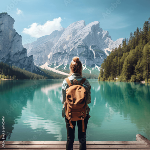 Young woman with a backpack on the background of an alpine lake