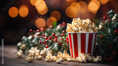 a bucket of delicious popcorn stands on a New Year's background, Christmas, decor, holiday, movie, food, day off, snack, fun, entertainment, pack, puffed corn, film, party, winter, garland, lights