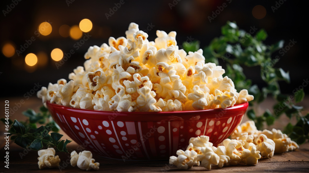 a bucket of delicious popcorn stands on a New Year's background, Christmas, decor, holiday, movie, food, day off, snack, fun, entertainment, pack, puffed corn, film, party, winter, garland, lights a bucket of delicious popcorn stands on a New Year's background, Christmas, decor, holiday, movie, food, day off, snack, fun, entertainment, pack, puffed corn, film, party, winter, garland, lights