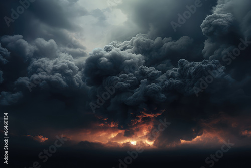 Dangerous dark stormy sky with fire and smoke. Nature background