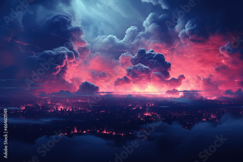 Fantasy landscape with dangerous storm  sky and city.