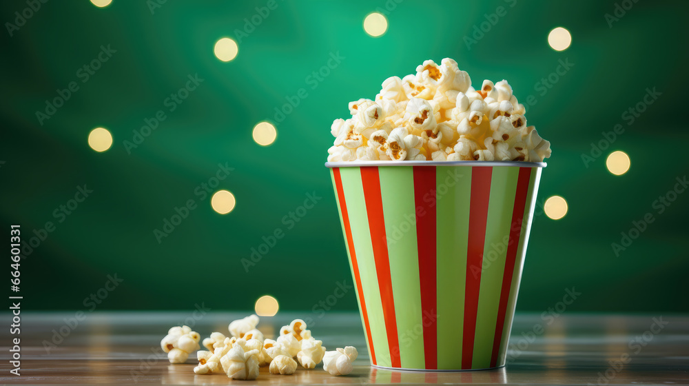 a striped bucket of delicious popcorn stands on a green background, movie, food, weekend, snack, fun, entertainment, pack, puffed corn, film, cinema, party, box, space for text