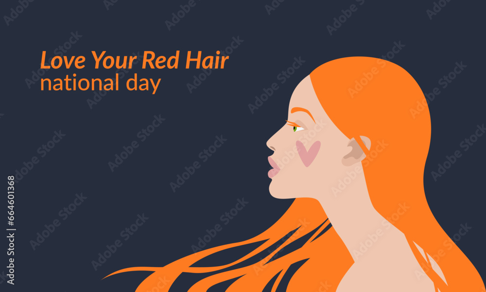 National Love Your Red Hair Day banner. Red-haired beautiful girl with a heart on her cheek. Vector illustration