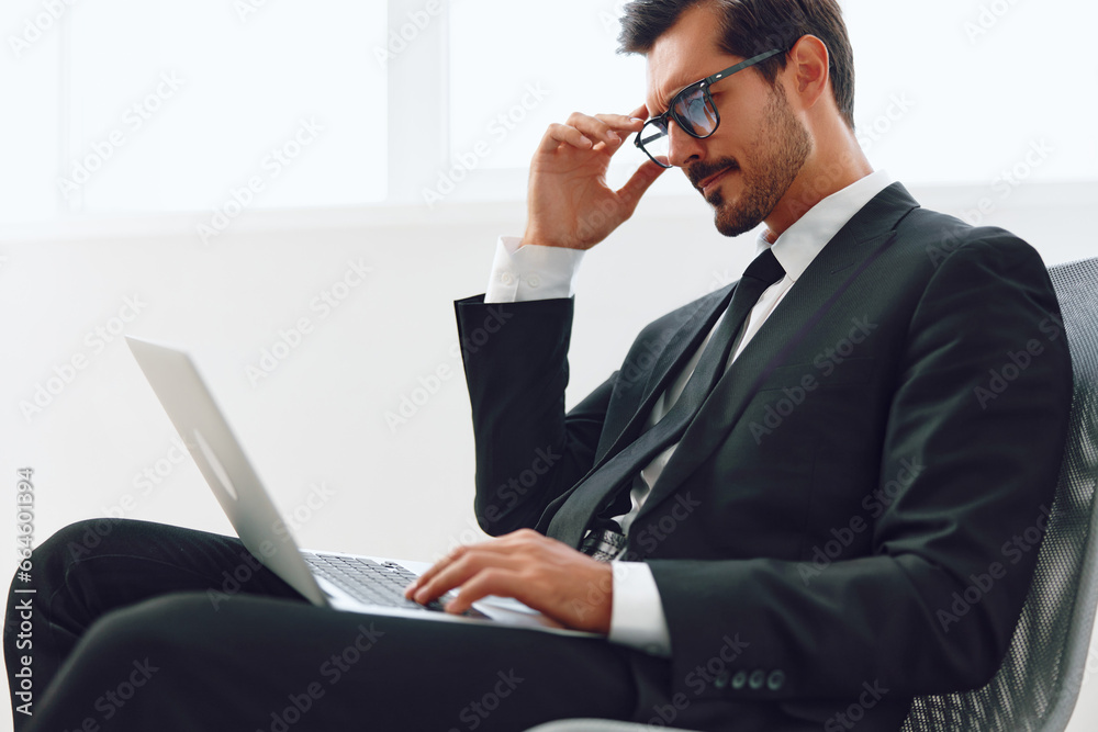 Happy man office technology laptop winner business Happy man office technology laptop winner business