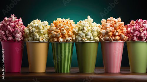 a striped bucket of delicious popcorn stands on a green background, movie, food, weekend, snack, fun, entertainment, pack, puffed corn, film, cinema, party, box, space for text