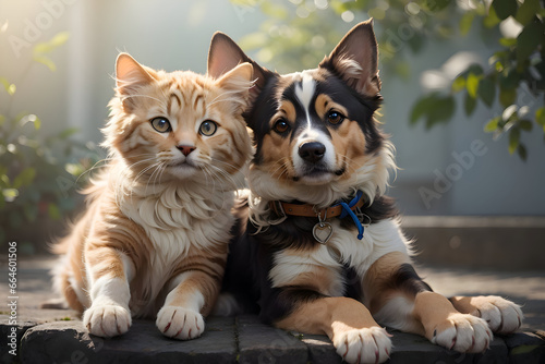Portrait of a border collie and a british shorthair cat.