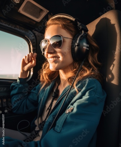 Portrait of beautiful blonde women enjoying helicopter flight. She is smiling, viewing cityscapes and wearing pilot headphones.