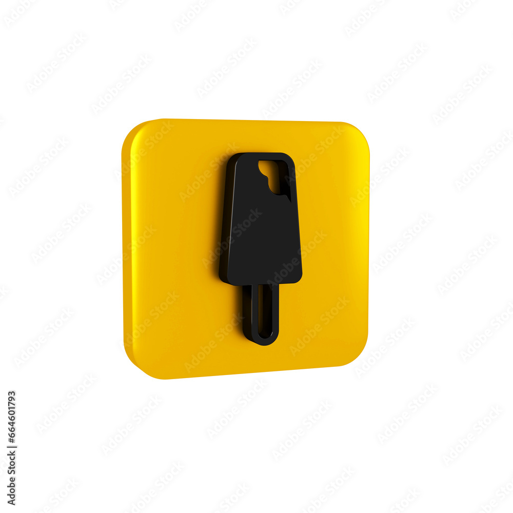 Black Ice cream icon isolated on transparent background. Sweet symbol. Yellow square button.