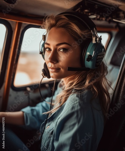 Portrait of beautiful blonde women enjoying helicopter flight. She is smiling, viewing cityscapes and wearing pilot headphones. © aboutmomentsimages
