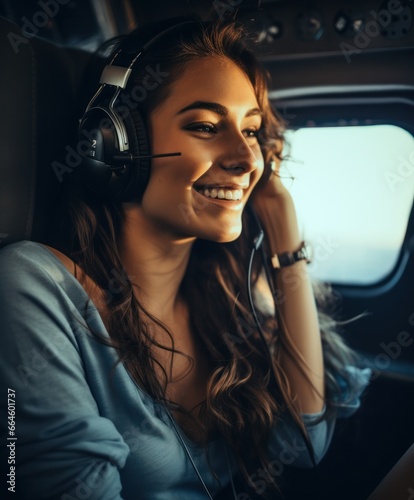 Portrait of beautiful blonde women enjoying helicopter flight. She is smiling, viewing cityscapes and wearing pilot headphones. © aboutmomentsimages