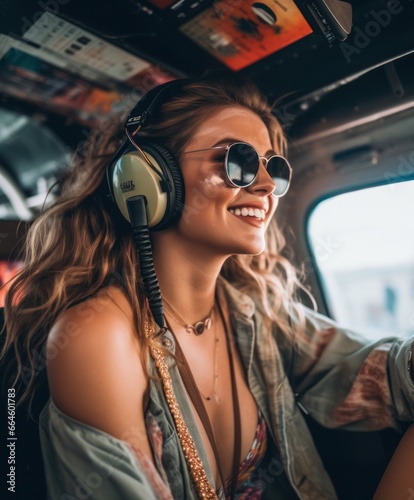 Portrait of beautiful blonde women enjoying helicopter flight. She is smiling, viewing cityscapes and wearing pilot headphones. © aboutmomentsimages