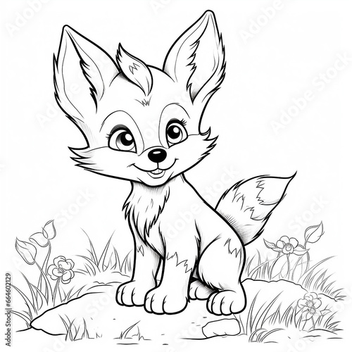 Happy fox cartoon outline drawing black and white illustration AI Generated image © Indronath