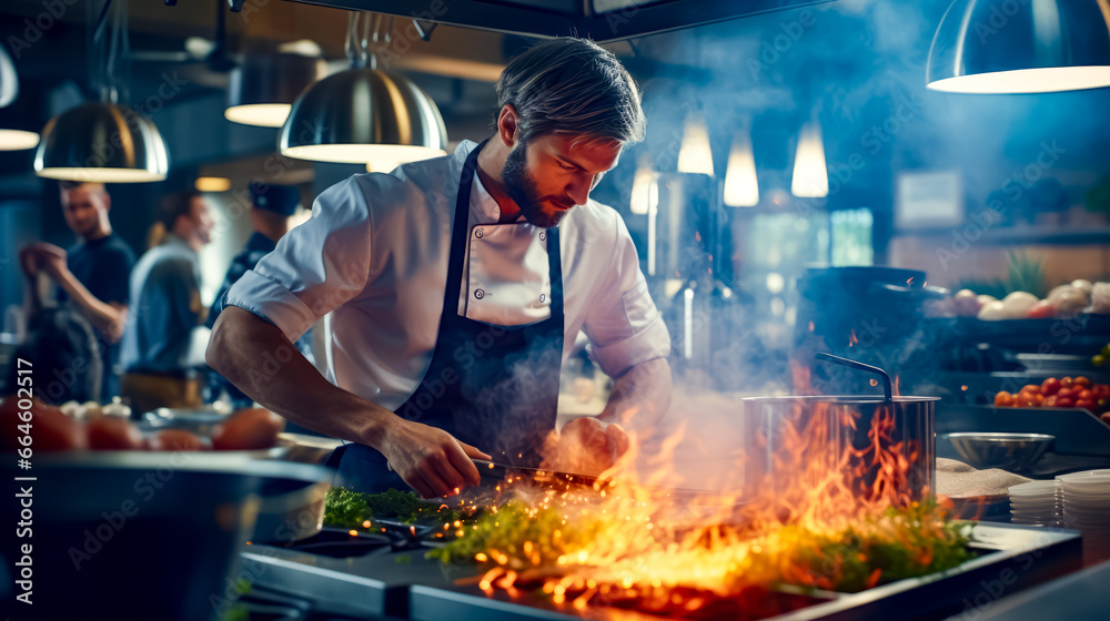 Man in apron cooking on grill in kitchen with flames. Man in apron cooking on grill in kitchen with flames.