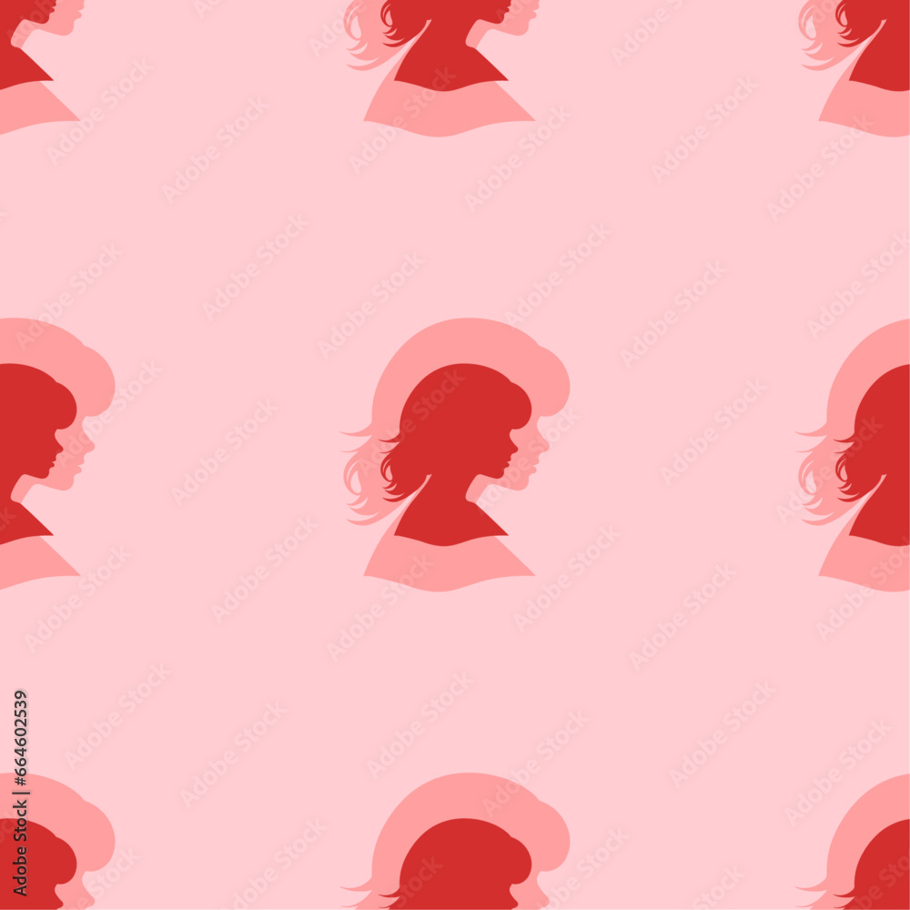 Seamless pattern of large isolated red woman face profile symbols. The elements are evenly spaced. Vector illustration on light red background Seamless pattern of large isolated red woman face profile symbols. The elements are evenly spaced. Vector illustration on light red background