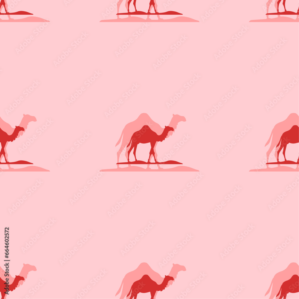 Seamless pattern of large isolated red wild camel symbols. The elements are evenly spaced. Vector illustration on light red background Seamless pattern of large isolated red wild camel symbols. The elements are evenly spaced. Vector illustration on light red background