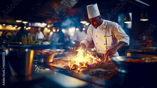 Chef is cooking on grill in restaurant or barbeque.
