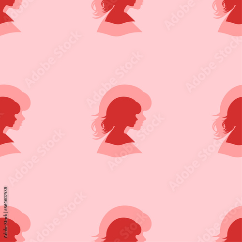 Seamless pattern of large isolated red woman face profile symbols. The elements are evenly spaced. Vector illustration on light red background