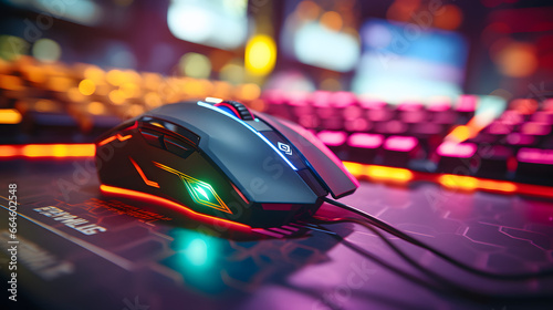 Gaming mouse atop pad adorned with e-sports team emblem, soft-focus backdrop