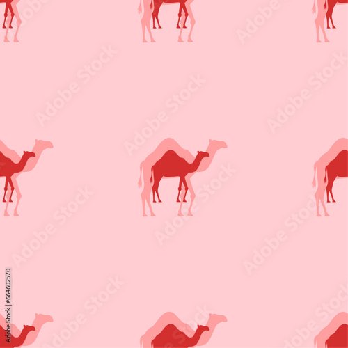 Seamless pattern of large isolated red camel symbols. The elements are evenly spaced. Vector illustration on light red background