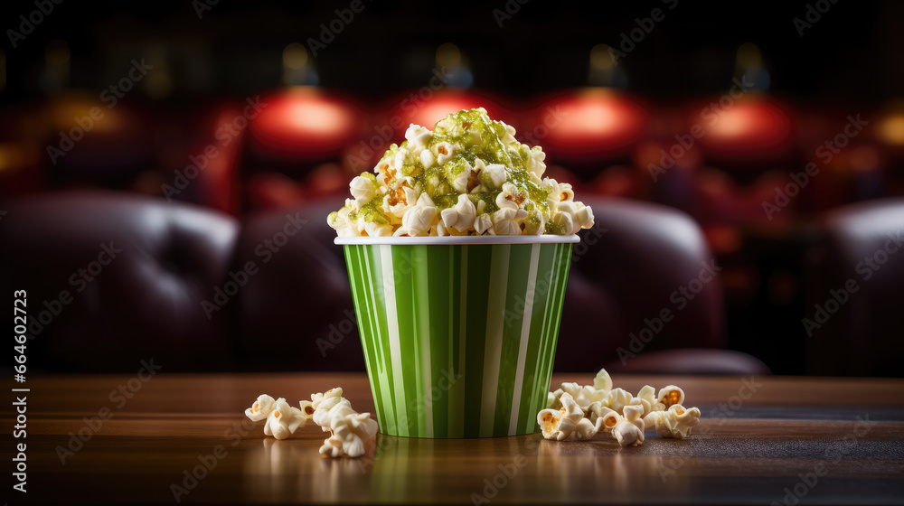 a striped green bucket of delicious popcorn stands against the background of a cinema, movie, food, day off, snack, fun, entertainment, pack, puffed corn, film, party, box, treat