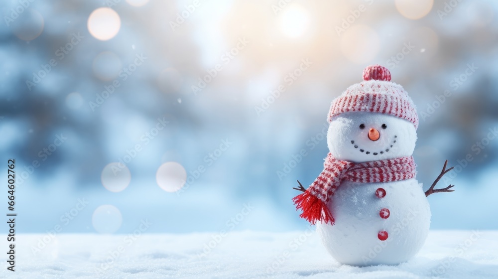 Snowman with winter hat and scarf on snowy bokeh background