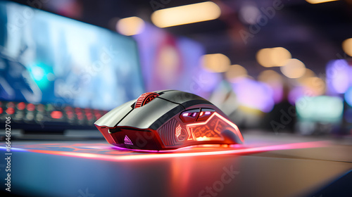 Close view of a high-performance gaming mouse placed on its pad photo