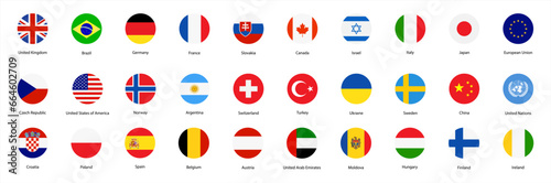 National flags icons vector, main flag languages set. UK, Germany, USA, Russia, China,France… Isolated circle buttons on white background. Website language choice symbols. Vector 10 eps.