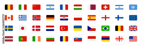 European flags icon. USA flag. Europe countries set signs. Nation symbol. Banner of France, Germany, Austria, and other symbols. Square form icons. Vector isolated sign.