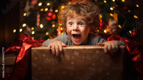Kleiner Junge freut sich riesig über sein Weihnachtsgeschenk. photo