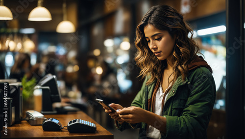 Young beautiful female holding a mobile device close to a POS machine in order to execute a contactless paying transaction.
