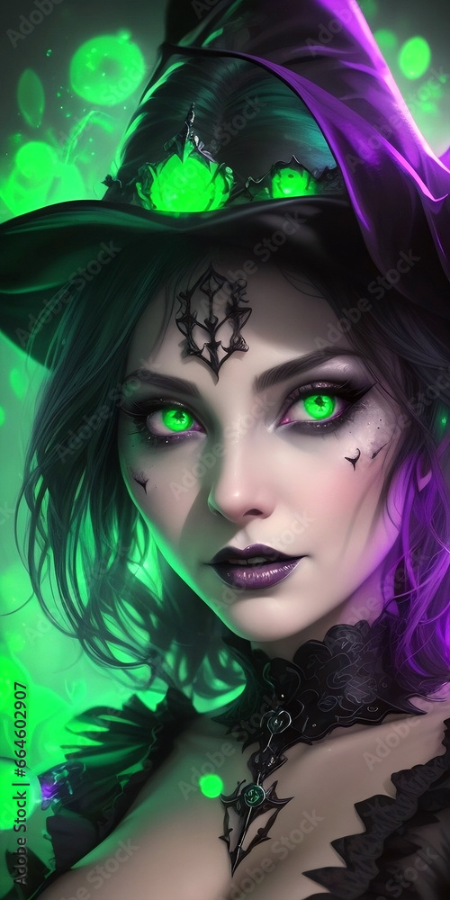 a portrait of a beautiful woman with green eyes who looks like a witch ...