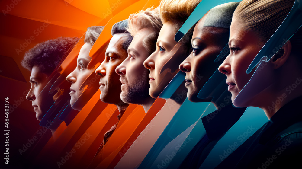 Obraz premium Group of people standing next to each other in front of orange and blue background.