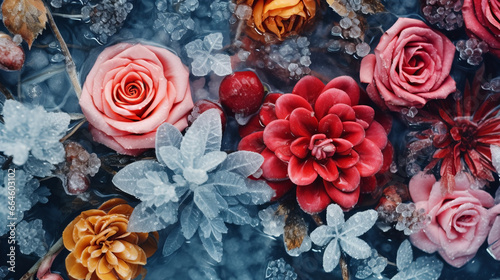 Background of frozen flowers in winter photo