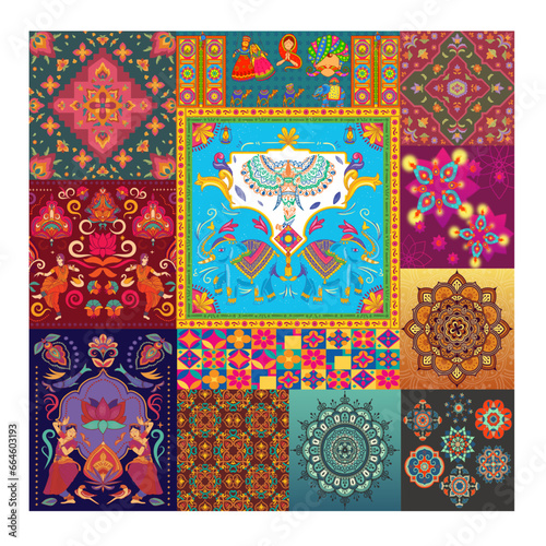 collage of Mandala Ornament Floral Art Work.
Culture of Rajasthan in Indian art style. 
Door drum camel in Rajasthan Style. Vector File.
Wallpaper and Wedding Backdrop