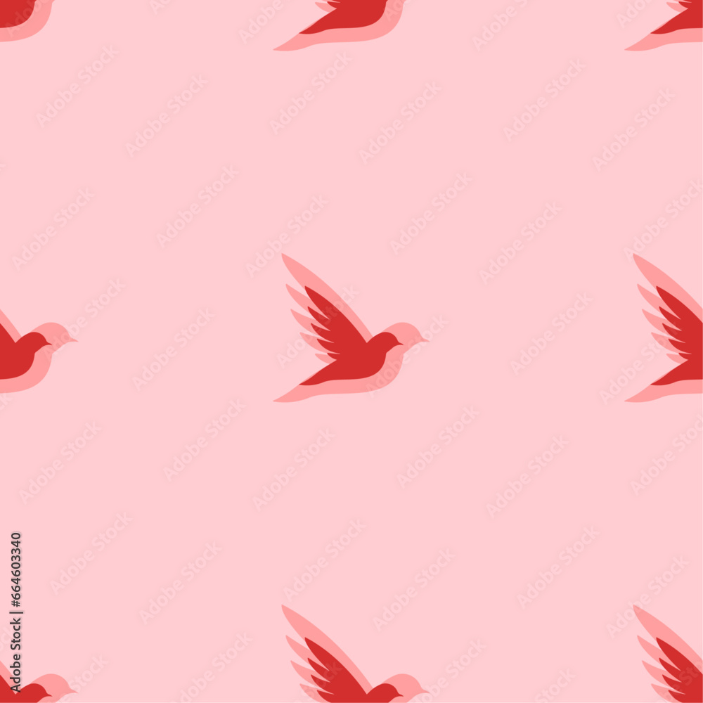 Obraz premium Seamless pattern of large isolated red bird symbols. The elements are evenly spaced. Vector illustration on light red background